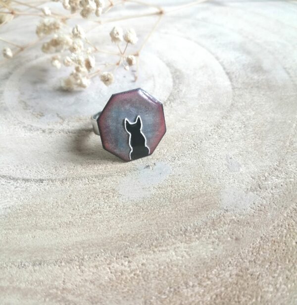 Bague "Le Chat noir" octogonale gris bleuté